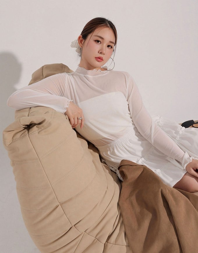 Turtleneck Sheer Ruffle Trim Top - Plain / Polka Dot Design