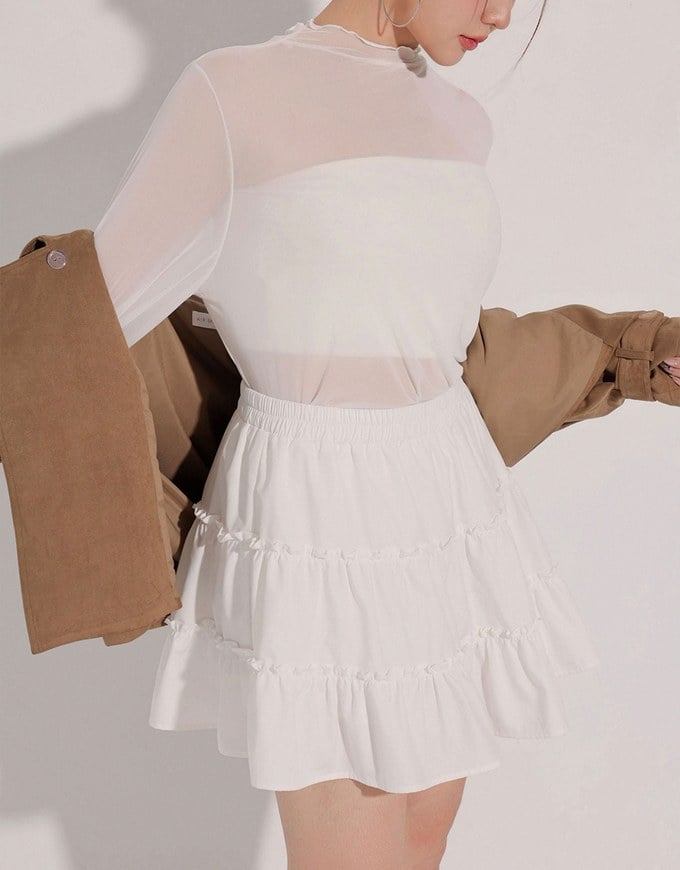 Turtleneck Sheer Ruffle Trim Top - Plain / Polka Dot Design
