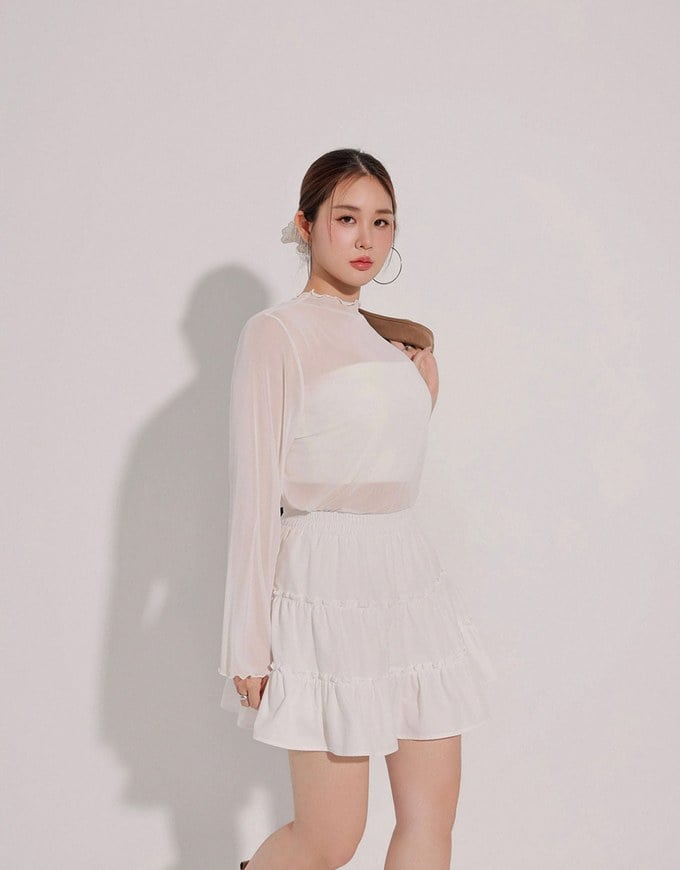 Turtleneck Sheer Ruffle Trim Top - Plain / Polka Dot Design