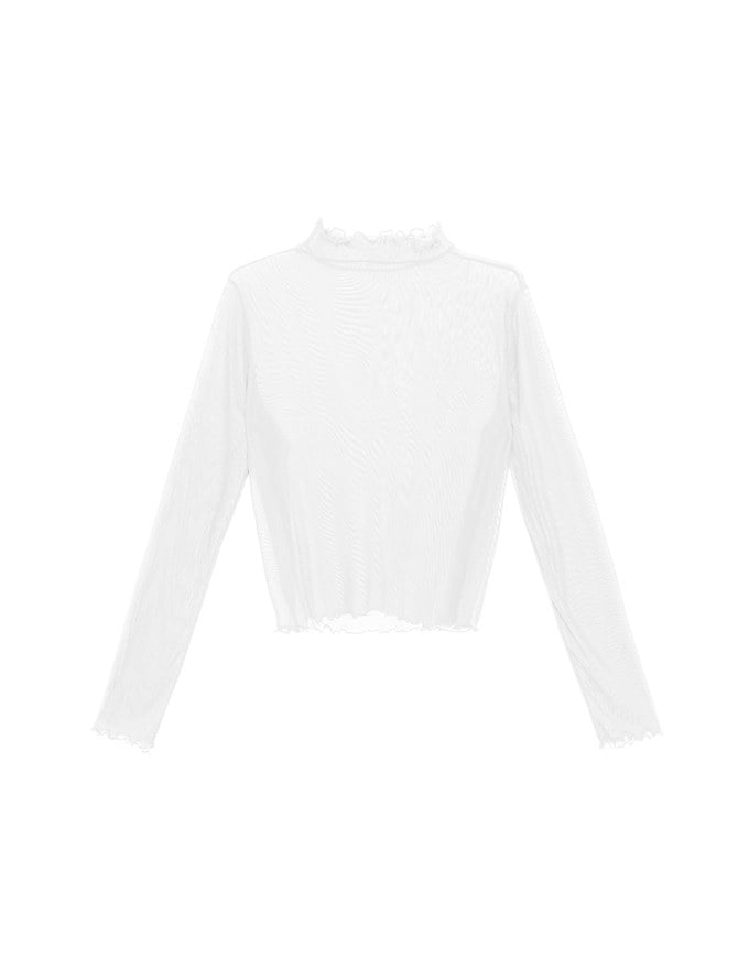 Turtleneck Sheer Ruffle Trim Top - Plain / Polka Dot Design