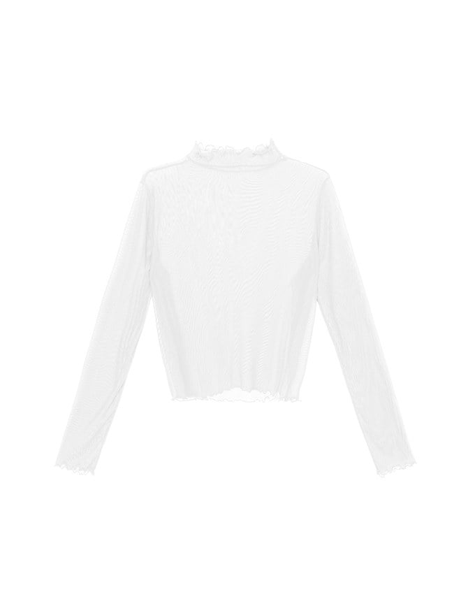 Turtleneck Sheer Ruffle Trim Top - Plain / Polka Dot Design