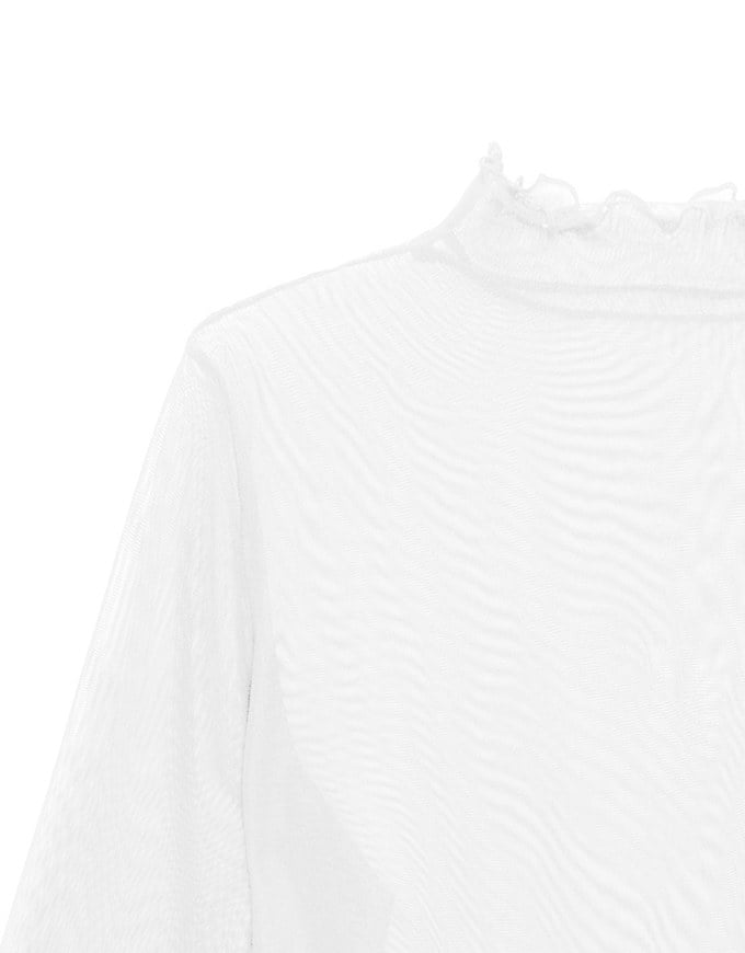 Turtleneck Sheer Ruffle Trim Top - Plain / Polka Dot Design