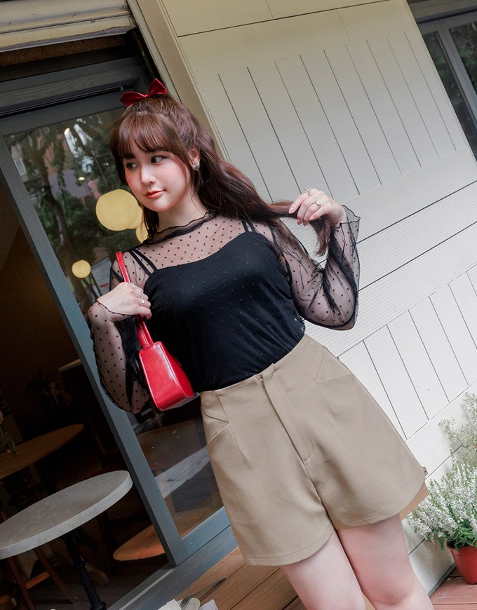 Turtleneck Sheer Ruffle Trim Top - Plain / Polka Dot Design