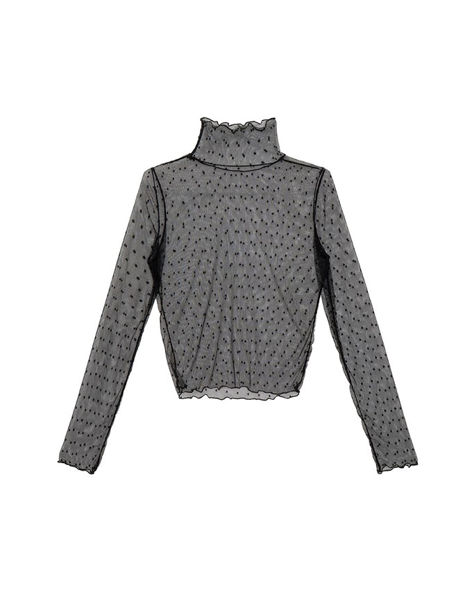 Turtleneck Sheer Ruffle Trim Top - Plain / Polka Dot Design