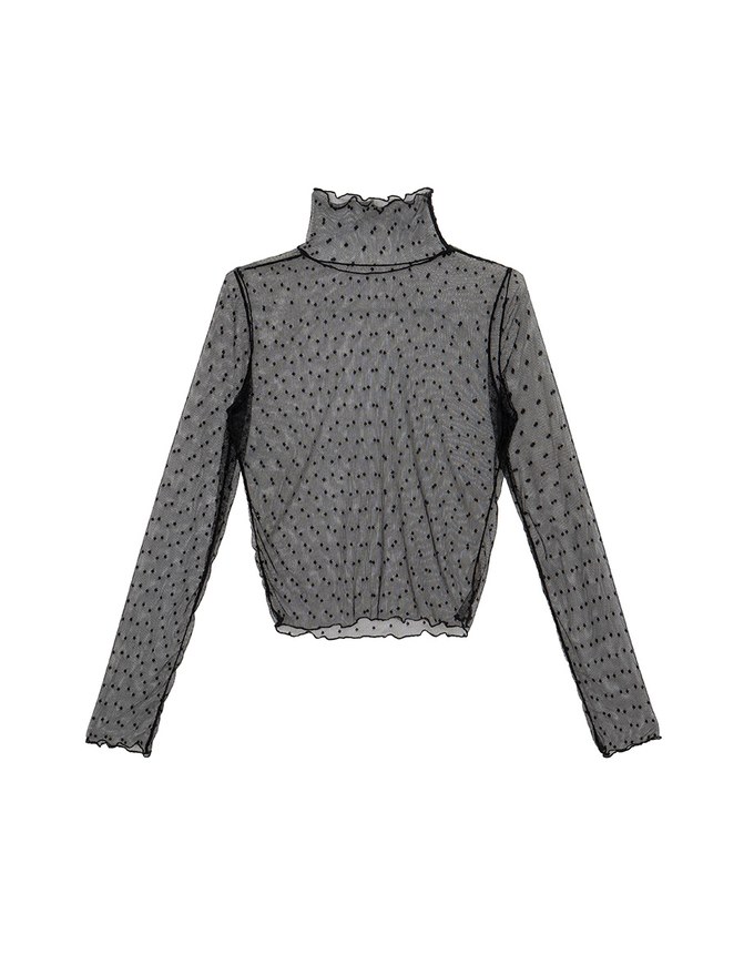 Turtleneck Sheer Ruffle Trim Top - Plain / Polka Dot Design