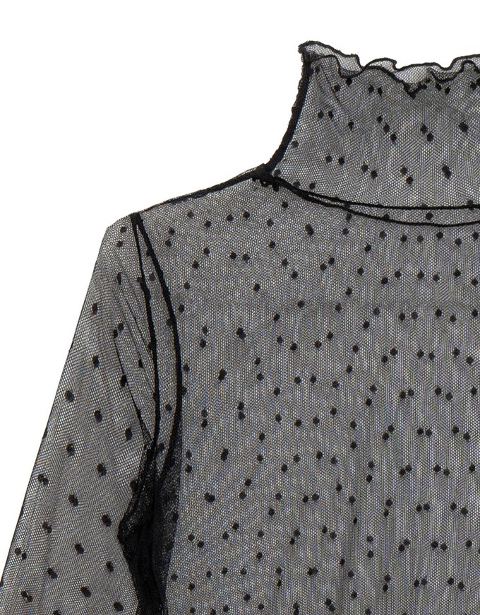 Turtleneck Sheer Ruffle Trim Top - Plain / Polka Dot Design