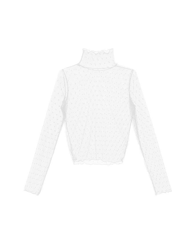 Turtleneck Sheer Ruffle Trim Top - Plain / Polka Dot Design