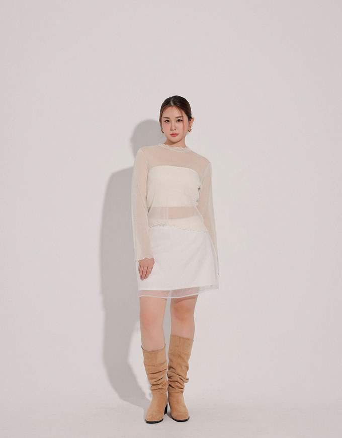 Glitter Sheer Mesh Long Sleeve Top with Lettuce Hem Details