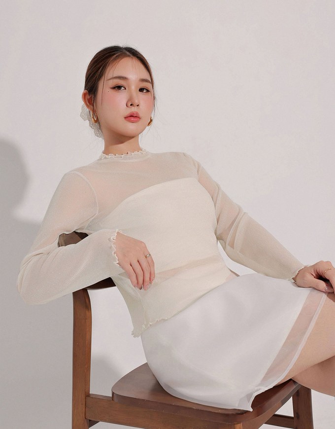 Glitter Sheer Mesh Long Sleeve Top with Lettuce Hem Details