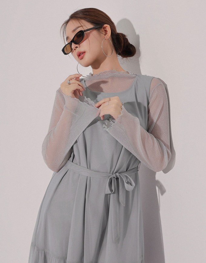 Glitter Sheer Mesh Long Sleeve Top with Lettuce Hem Details