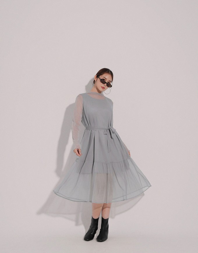 Glitter Sheer Mesh Long Sleeve Top with Lettuce Hem Details