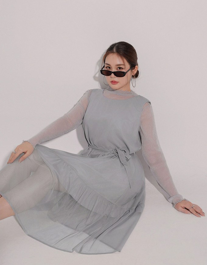 Glitter Sheer Mesh Long Sleeve Top with Lettuce Hem Details