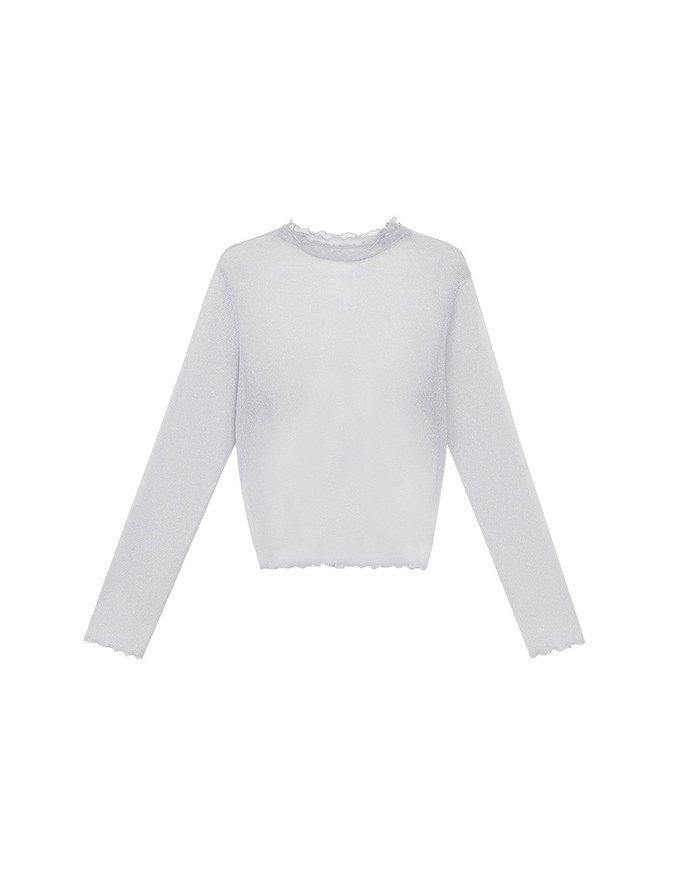 Glitter Sheer Mesh Long Sleeve Top with Lettuce Hem Details