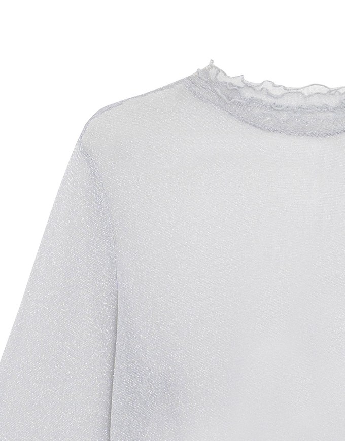 Glitter Sheer Mesh Long Sleeve Top with Lettuce Hem Details