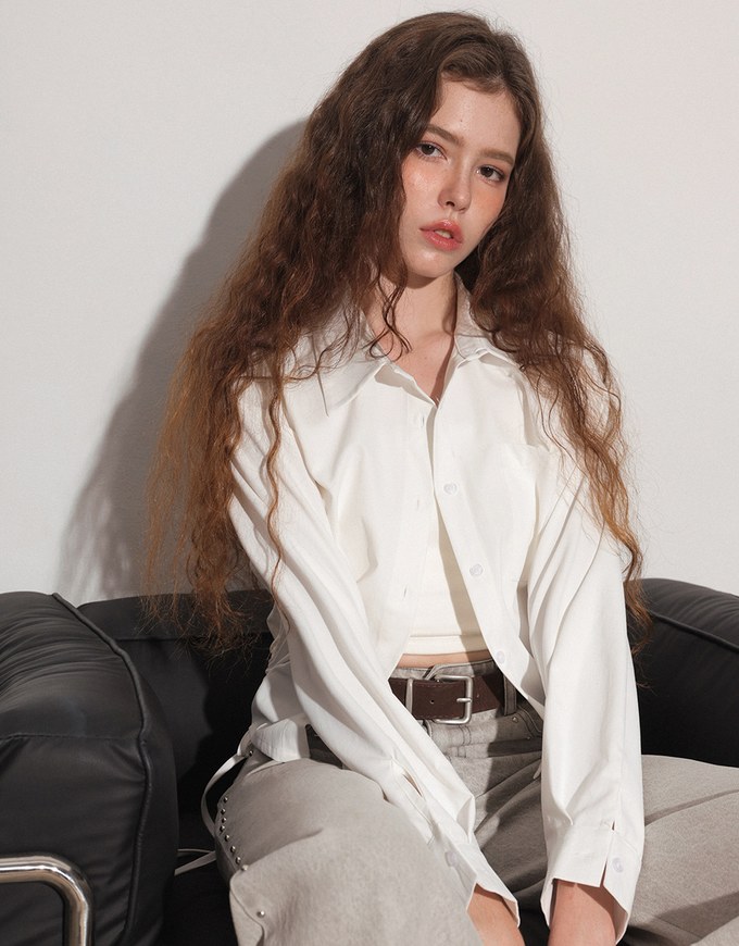 Side Drawstring Detail Collared Button Down Shirt Blouse