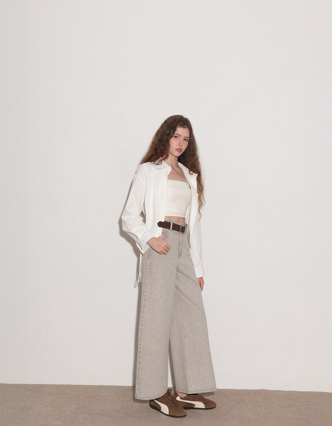 Side Drawstring Detail Collared Button Down Shirt Blouse