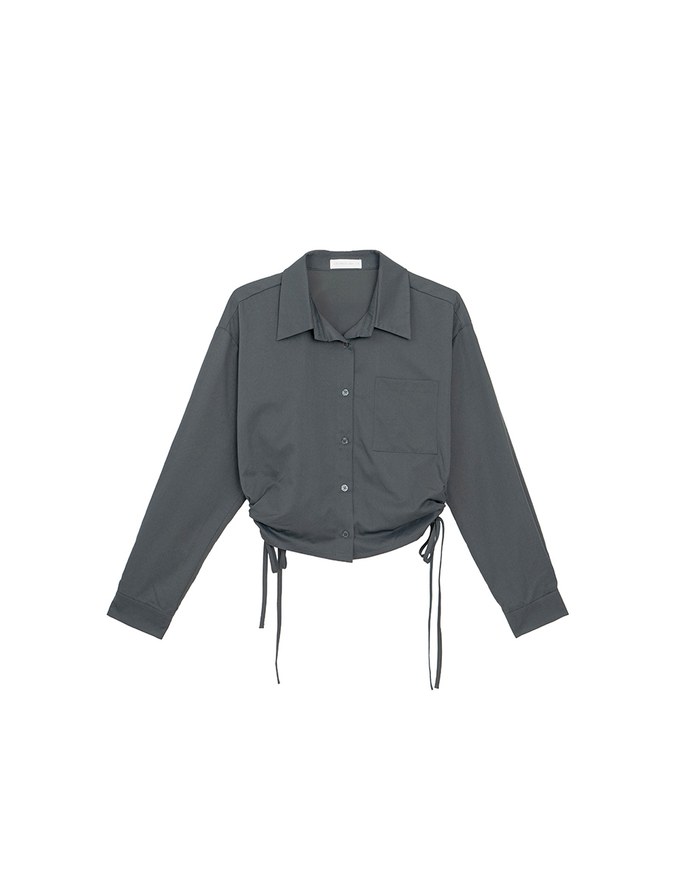 Side Drawstring Detail Collared Button Down Shirt Blouse