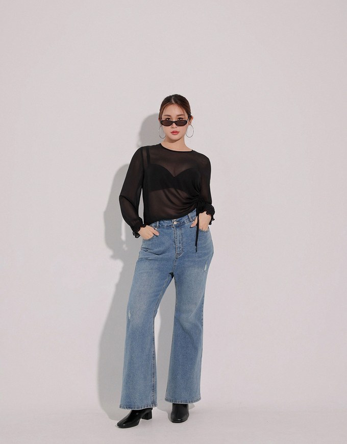 Sheer Knit Round Neck Long Sleeve Top with Adjustable Ruched Hem