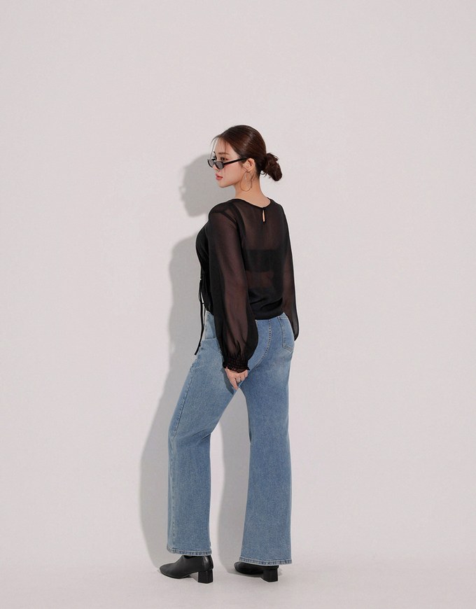 Sheer Knit Round Neck Long Sleeve Top with Adjustable Ruched Hem