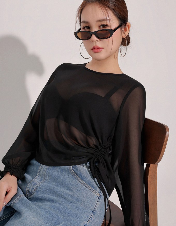 Sheer Knit Round Neck Long Sleeve Top with Adjustable Ruched Hem