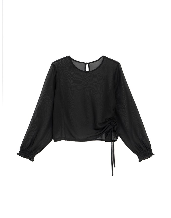 Sheer Knit Round Neck Long Sleeve Top with Adjustable Ruched Hem