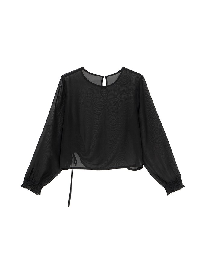 Sheer Knit Round Neck Long Sleeve Top with Adjustable Ruched Hem