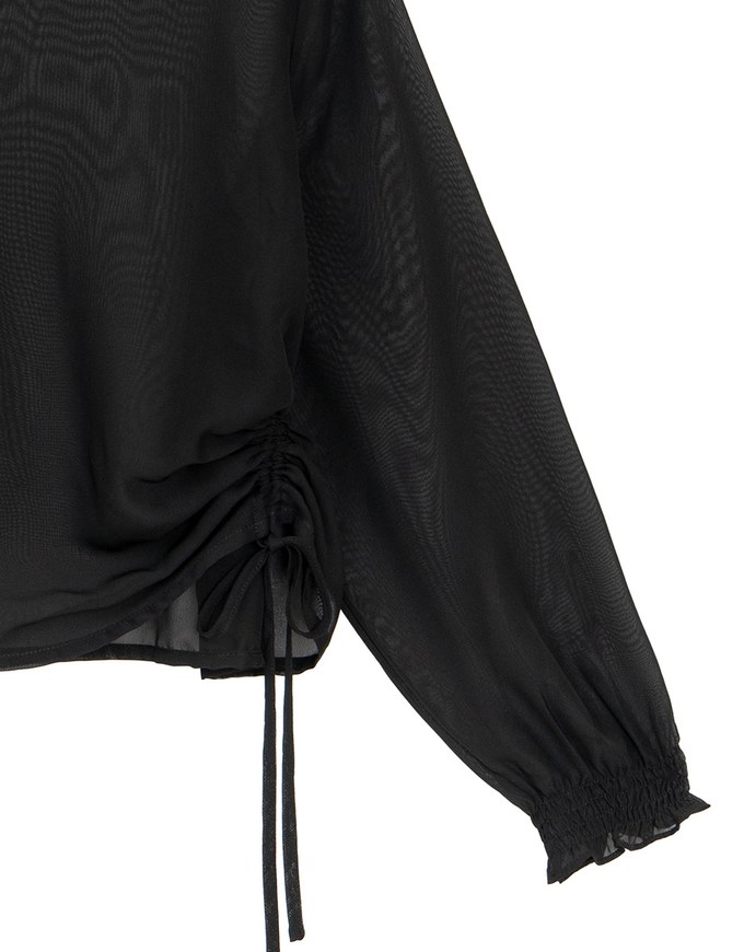 Sheer Knit Round Neck Long Sleeve Top with Adjustable Ruched Hem