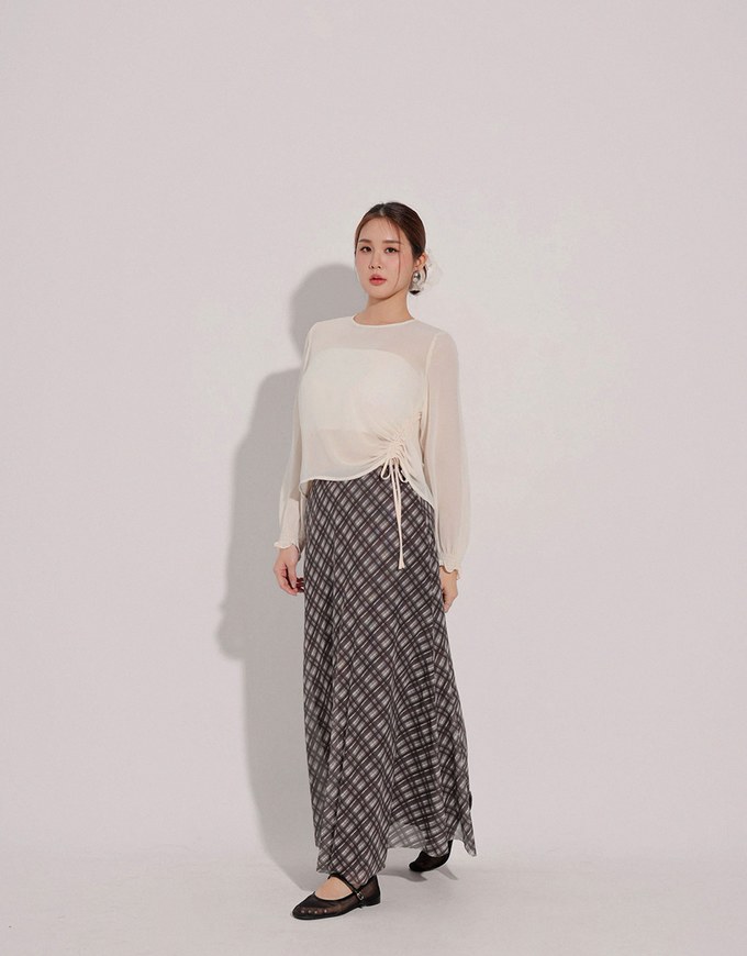 Sheer Knit Round Neck Long Sleeve Top with Adjustable Ruched Hem