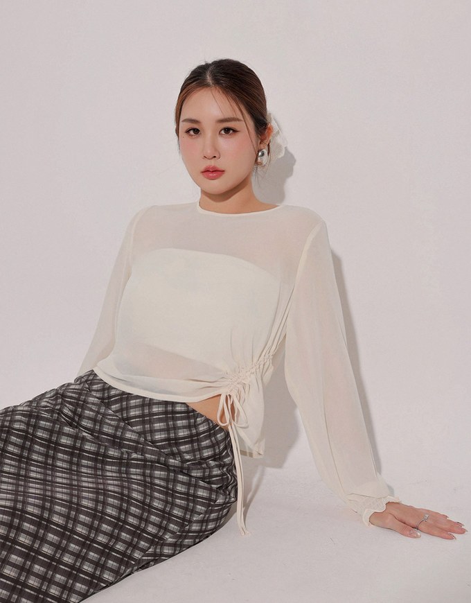 Sheer Knit Round Neck Long Sleeve Top with Adjustable Ruched Hem