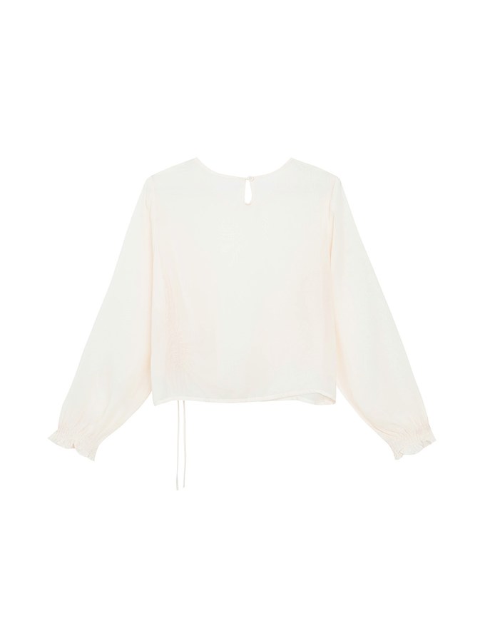 Sheer Knit Round Neck Long Sleeve Top with Adjustable Ruched Hem