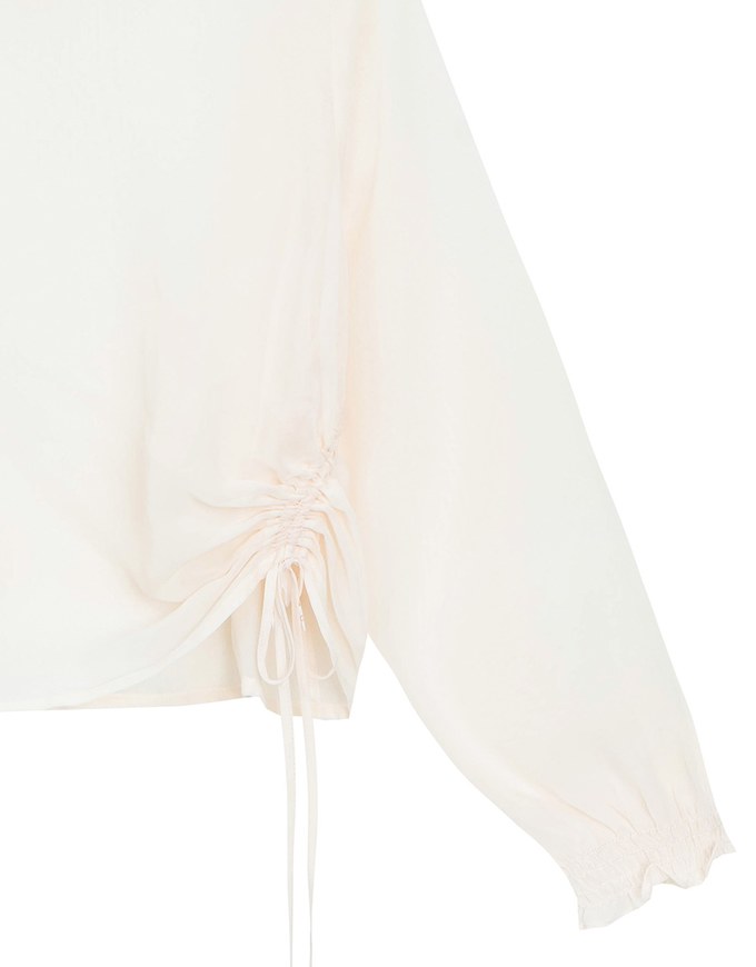 Sheer Knit Round Neck Long Sleeve Top with Adjustable Ruched Hem