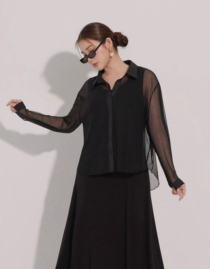 Lightweight Sheer Chiffon Collared Button Up Shirt Blouse