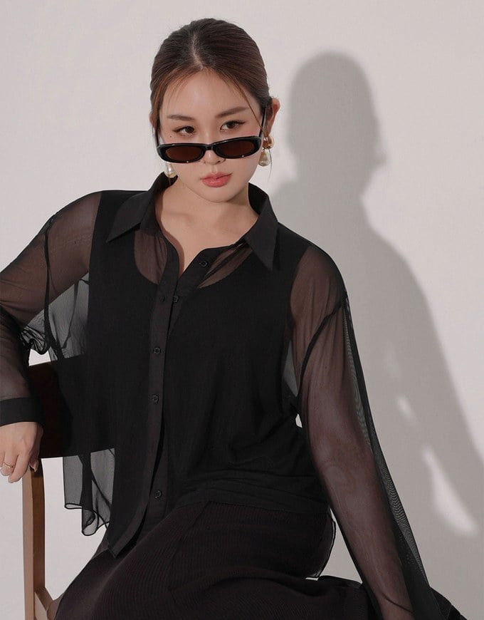 Lightweight Sheer Chiffon Collared Button Up Shirt Blouse