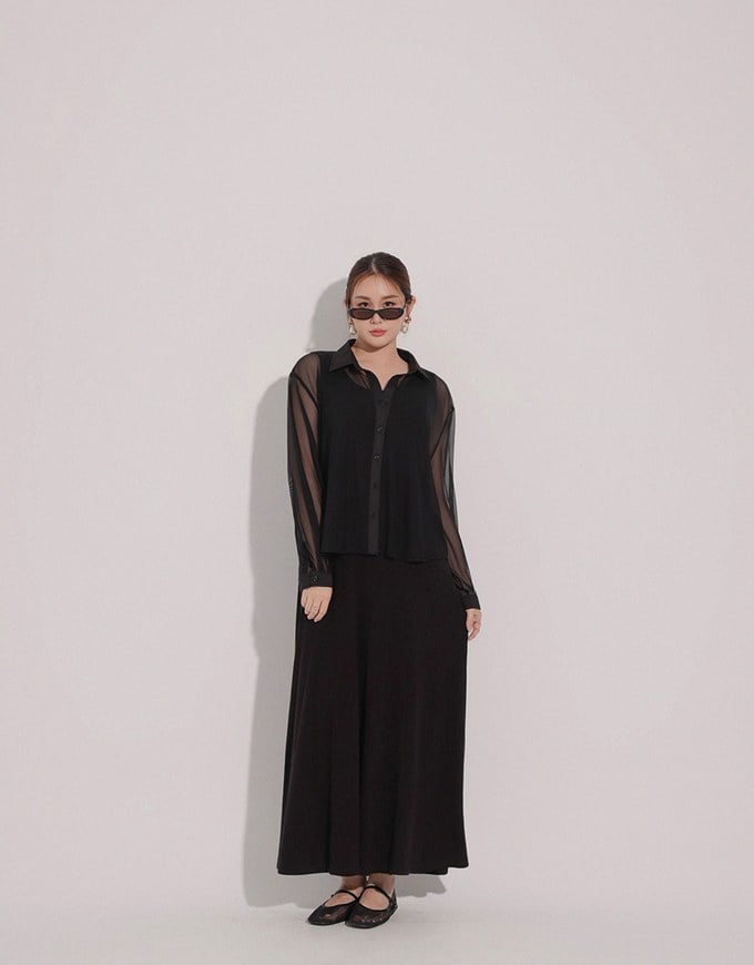 Lightweight Sheer Chiffon Collared Button Up Shirt Blouse