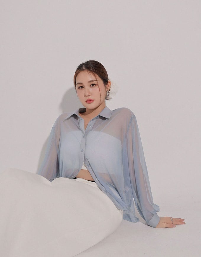 Lightweight Sheer Chiffon Collared Button Up Shirt Blouse