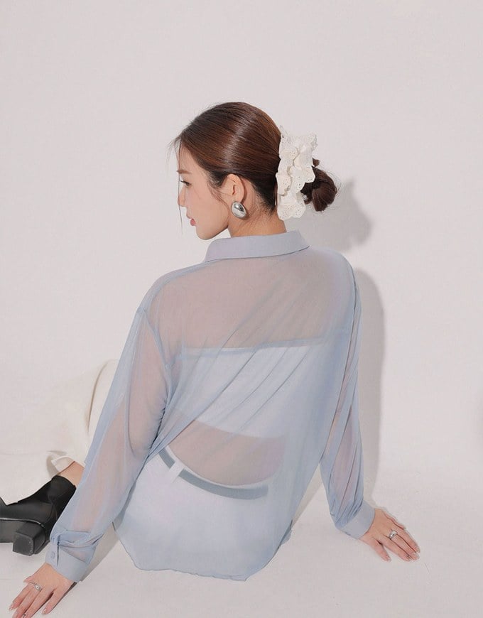Lightweight Sheer Chiffon Collared Button Up Shirt Blouse