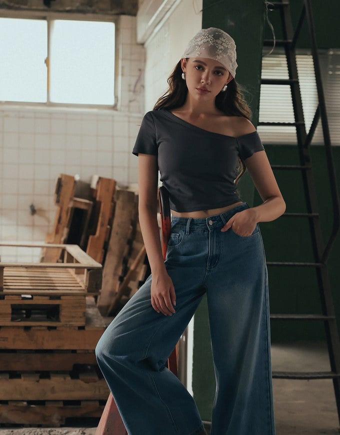 Basic One Shoulder Fitted Ribbed Crop Bra Top