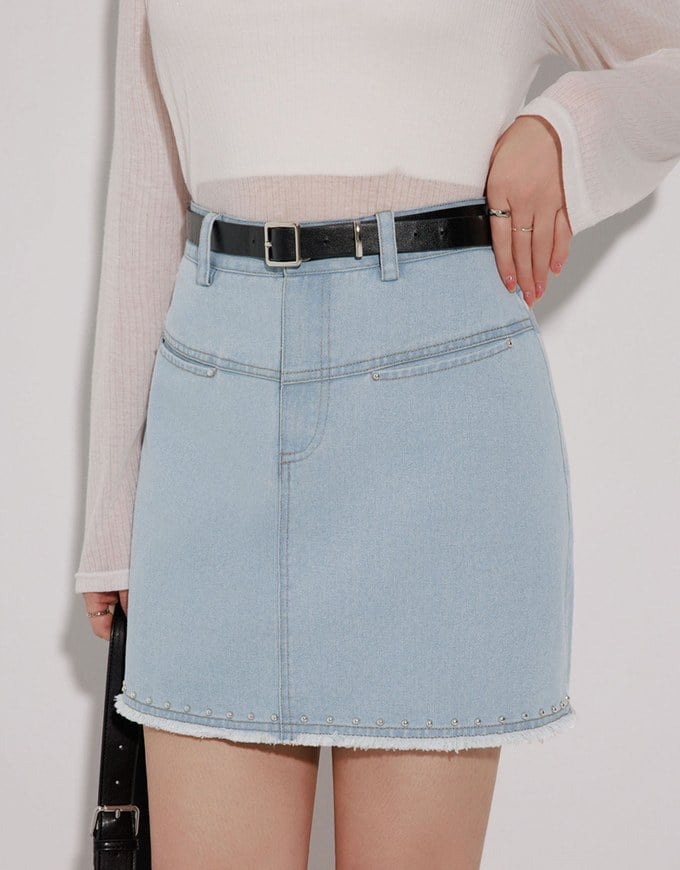 Metal Studded Distressed Hem Jeans Denim Mini Skirt