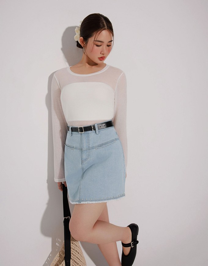 Metal Studded Distressed Hem Jeans Denim Mini Skirt