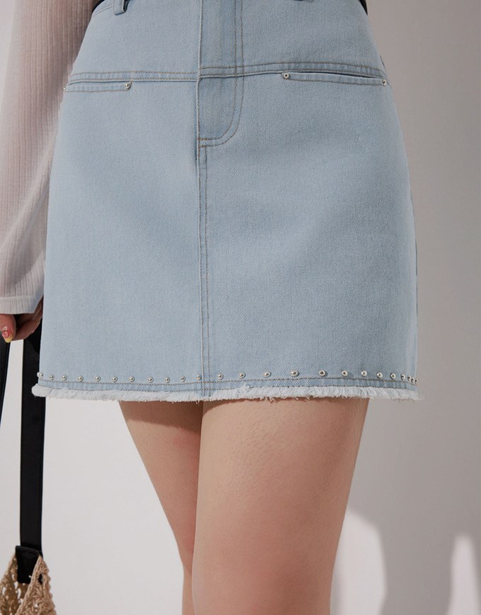Metal Studded Distressed Hem Jeans Denim Mini Skirt