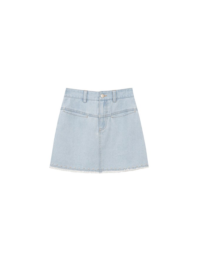 Metal Studded Distressed Hem Jeans Denim Mini Skirt