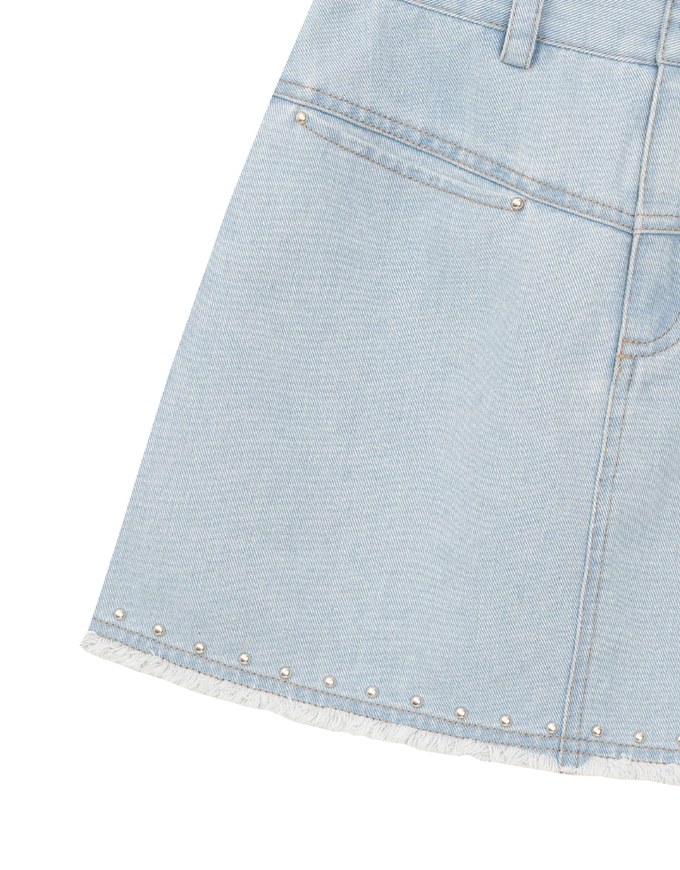 Metal Studded Distressed Hem Jeans Denim Mini Skirt
