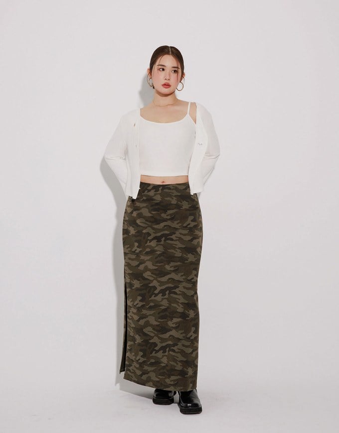Camouflage Side Slit Straight Maxi Skirt