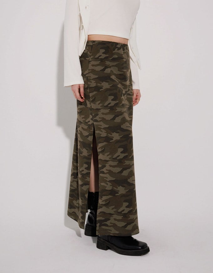 Camouflage Side Slit Straight Maxi Skirt