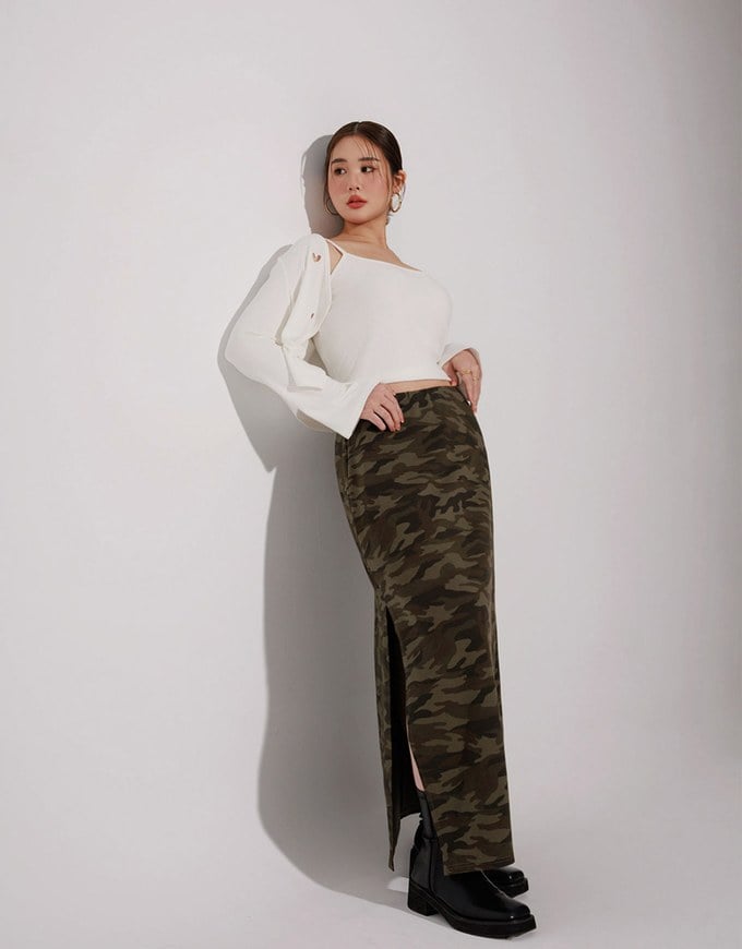 Camouflage Side Slit Straight Maxi Skirt