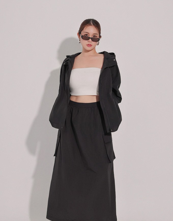 High Waist Cargo Pocket Maxi Skirt with Drawstring Hem
