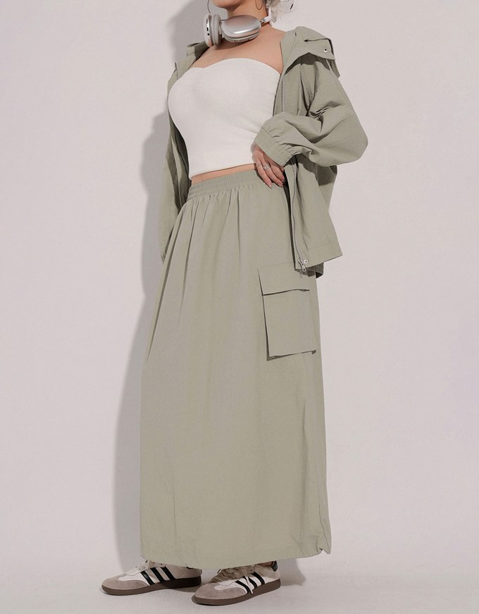 High Waist Cargo Pocket Maxi Skirt with Drawstring Hem