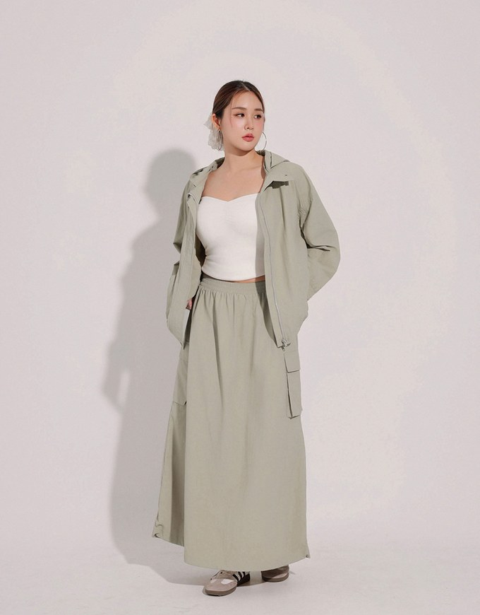 High Waist Cargo Pocket Maxi Skirt with Drawstring Hem