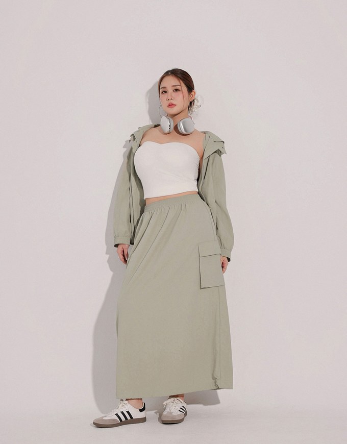 High Waist Cargo Pocket Maxi Skirt with Drawstring Hem