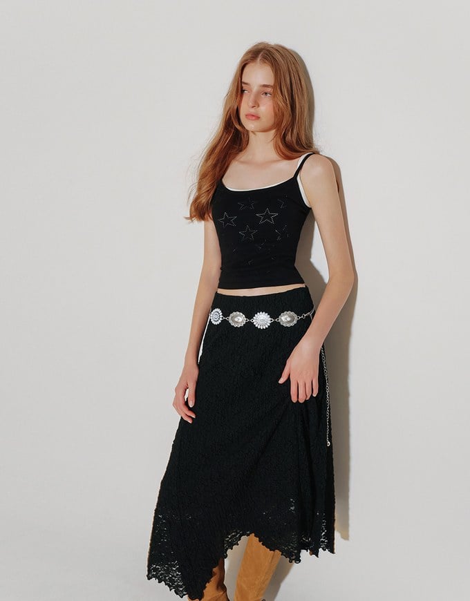 Lace Asymmetrical Hem High Waist Maxi Skirt